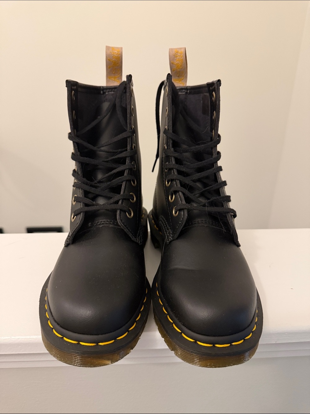 Dr. Martens Black Vegan Lace-Up Boots with Yellow Stitching